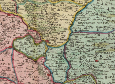 Old Map of Yorkshire in 1654 by Joan Blaeu - York, Bradford, Sheffield, Leeds, Middlesbrough, Harrogate