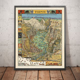 Alter bildlicher Plan des Yosemite-Nationalparks von 1941 von Jo Mora - Mirror Lake, Vernal Falls, Nevada Falls, Eagle Peak, Washington Column 