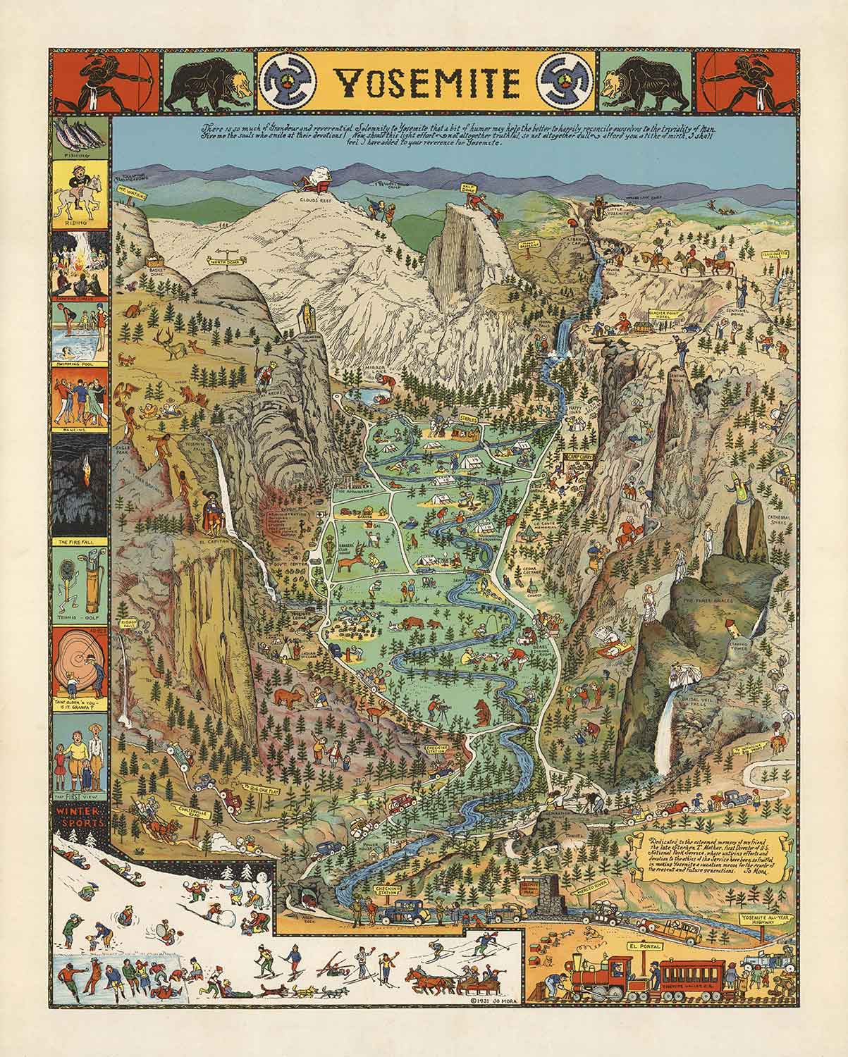 Antiguo mapa pictórico del Parque Nacional de Yosemite en 1941 por Jo Mora - Mirror Lake, Vernal Falls, Nevada Falls, Eagle Peak, Washington Column