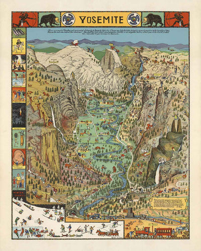 Ancienne carte picturale du parc national de Yosemite en 1941 par Jo Mora - Mirror Lake, Vernal Falls, Nevada Falls, Eagle Peak, Washington Column