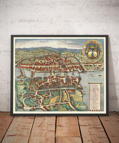 Old Map of Zurich, Switzerland 1638 by Matthaus Merian - Lake Zurich, Limmat River, Canals, Castle Walls, Coat of Arms